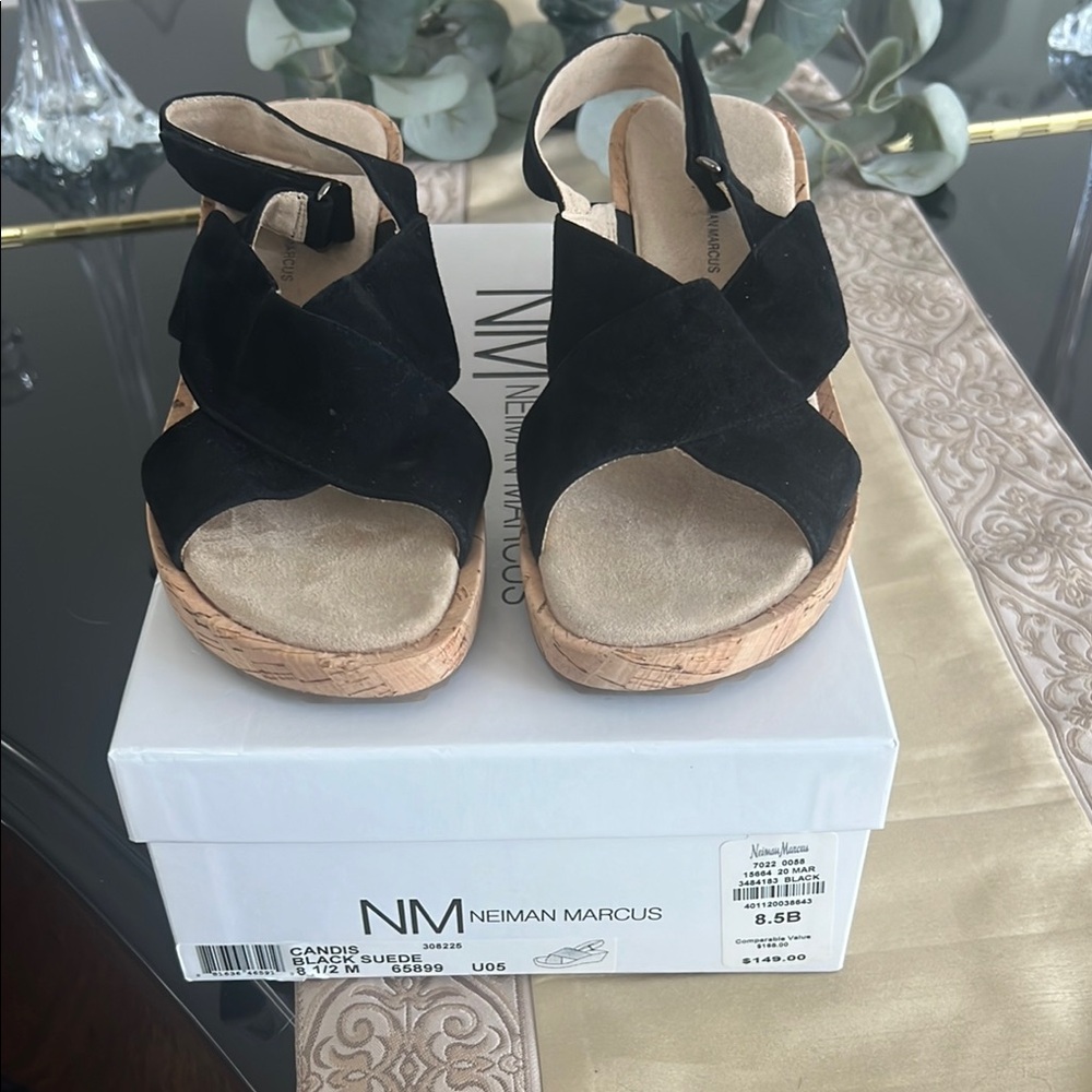 Neiman Marcus Black Suede Cork Wedge Sandals